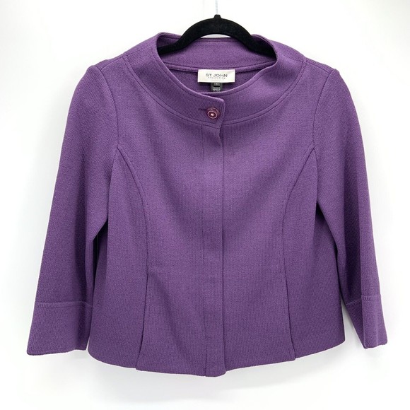 St. John Jackets & Blazers - St John Collection Womens 4 Jacket Knit Purple Zip Pockets 3/4 Sleeve Pockets